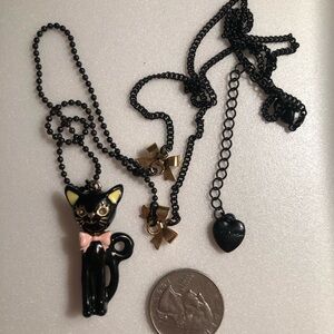NWOT Vintage Betsey Johnson Black Cat Pendant Necklace with Pink Bow